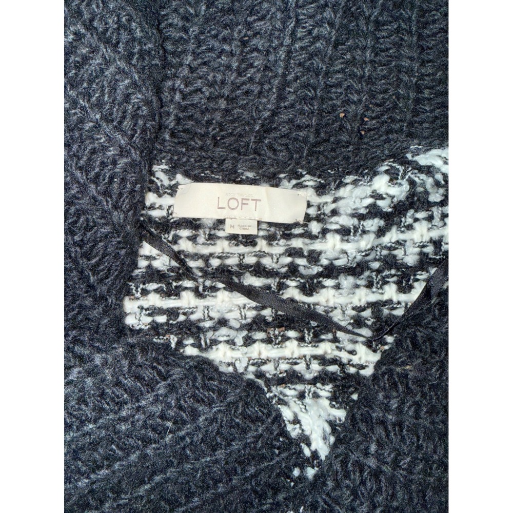 LOFT Black White Textured Knit Shawl Collar Cardigan Sweater M - Picture 2 of 5